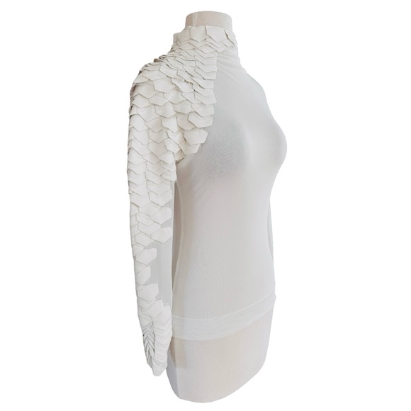 GRACIA Women's White Sheer Turtleneck Top Size S Faux Leather Scale Sleeve - Picture 3 of 10